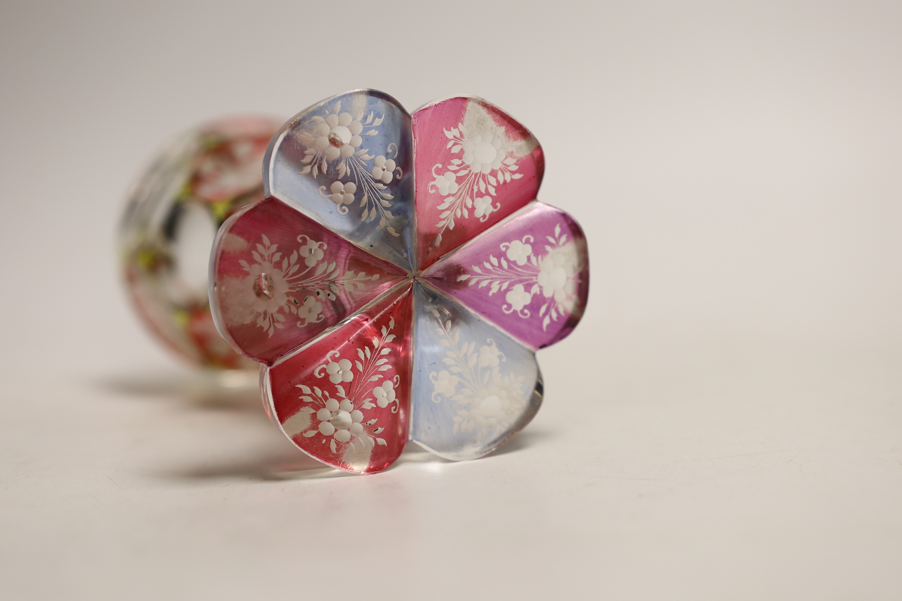 A Bohemian faceted, multicoloured flashed glass goblet, 16cm high